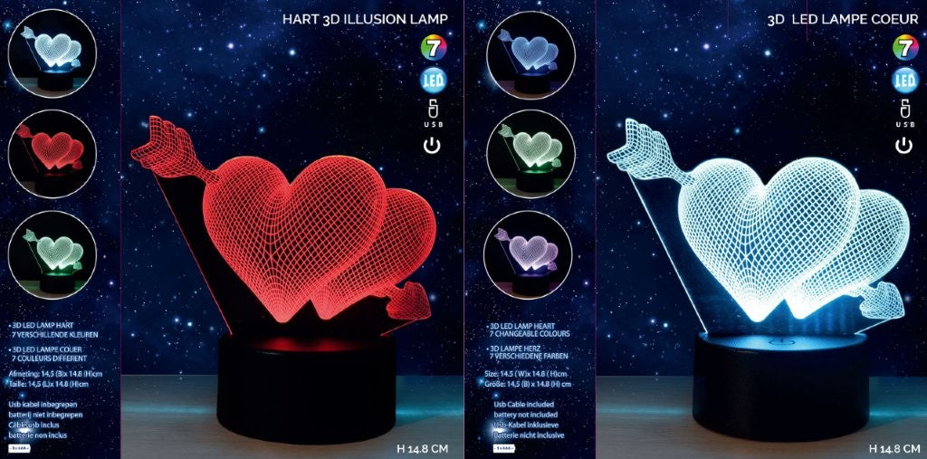 Dubbel hart met pijl 3d led licht