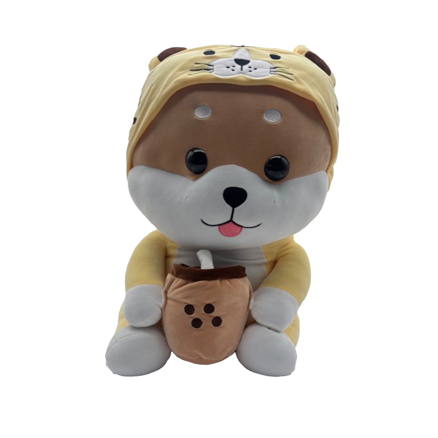 Hond met bubble tea geel