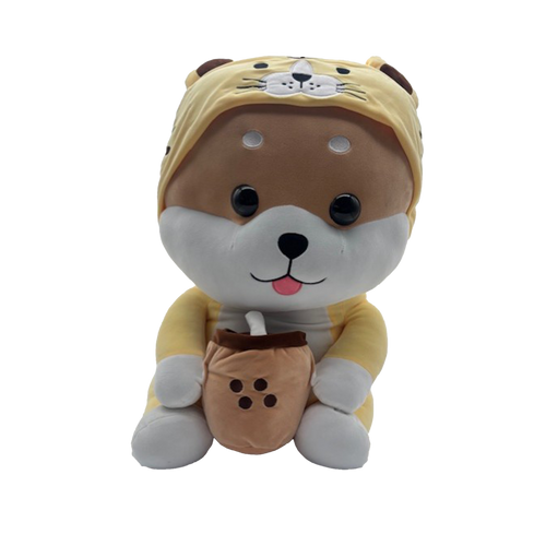 Hond met bubble tea geel